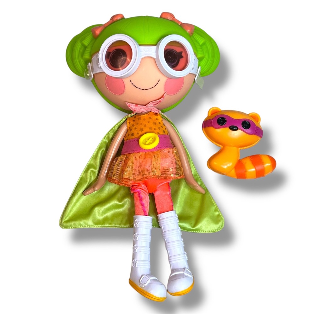 Lalaloopsy Dyna Might Doll with Goggles Outfit Cape Shoes Pet Raccoon Super Hero